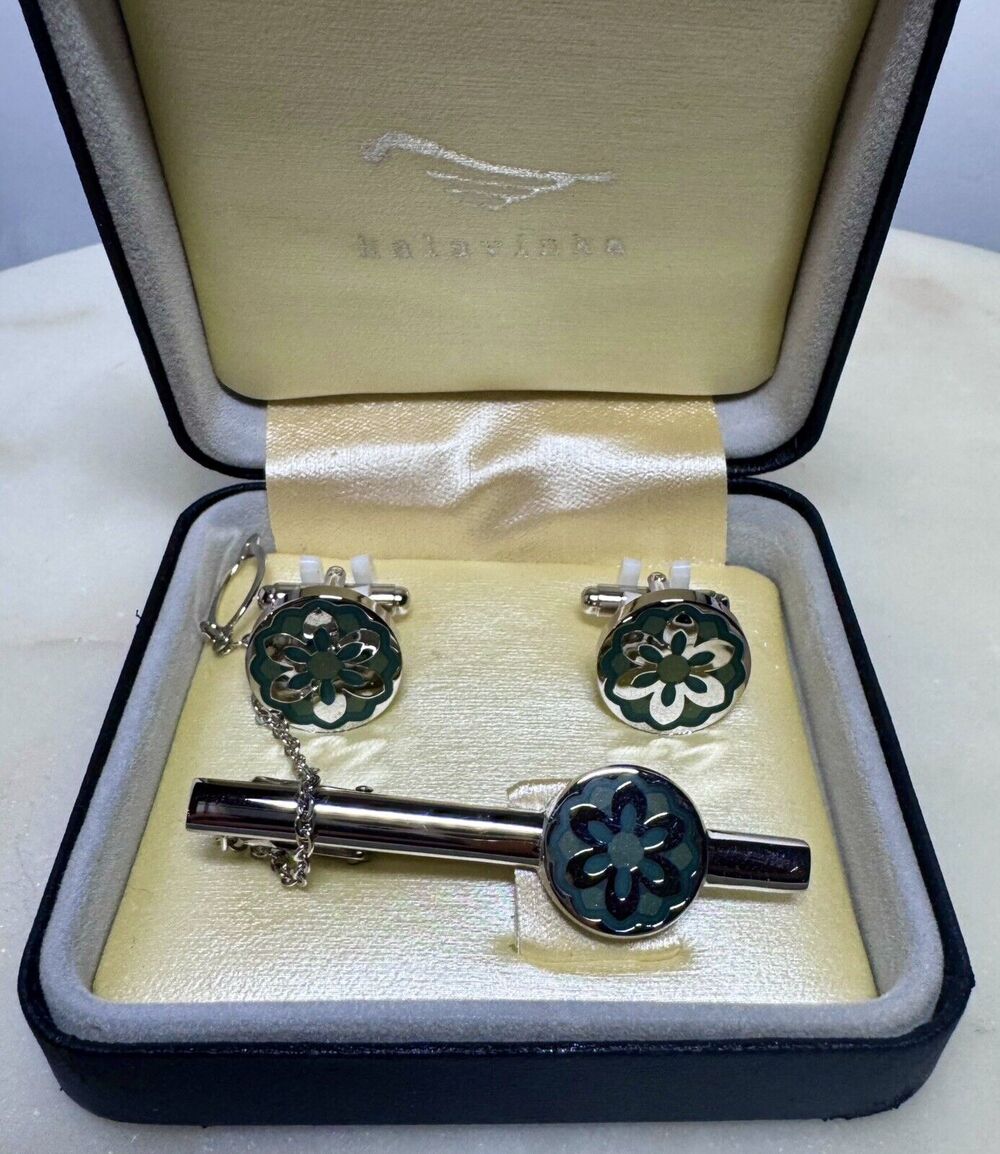 Kalavinka 3 Piece Tie Clip & Cufflinks Set Floral Enamel Design Original Box